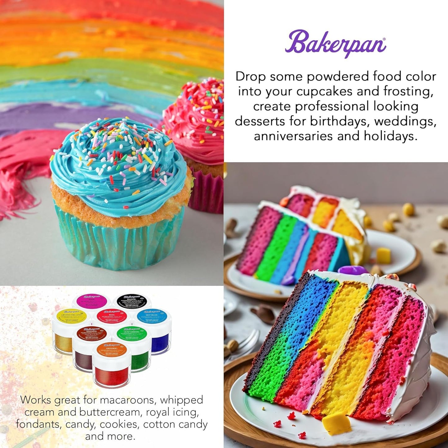 Bakerpan Food Coloring Powder for Baking, Cake Decorating Color Dust, 4g Jars