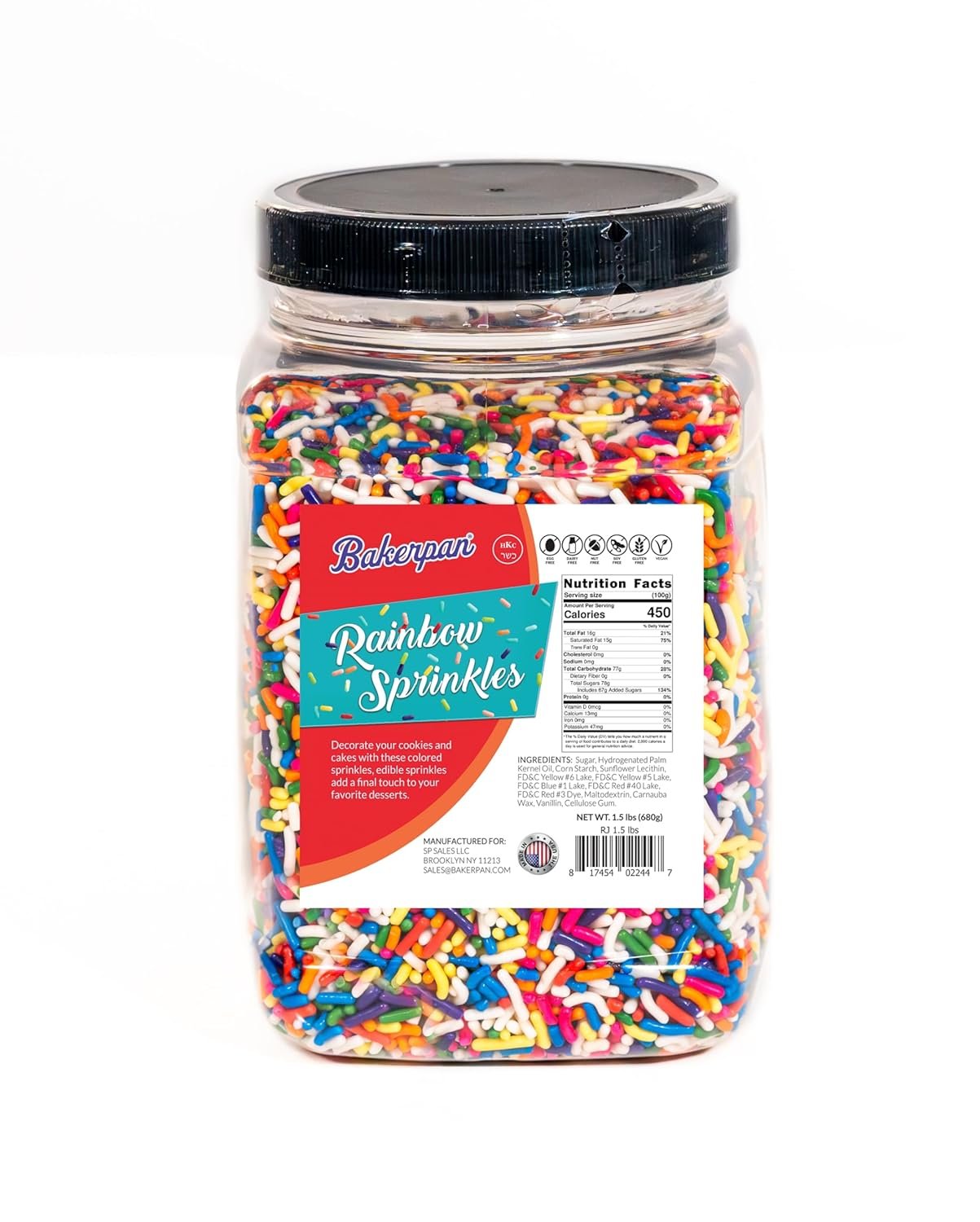 Bakerpan Rainbow Sprinkles - 1.5 Pounds Rainbow Jimmies Sprinkles for Cake Decorating - Edible Sprinkles for Cupcakes, Ice Cream, Cake Decorations