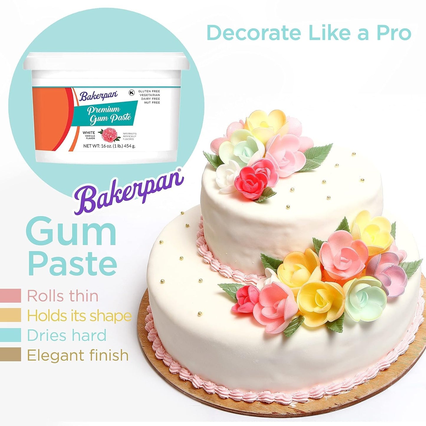Bakerpan White Gum Paste for Cake Decorating, 1 Pound, Vanilla Flavor