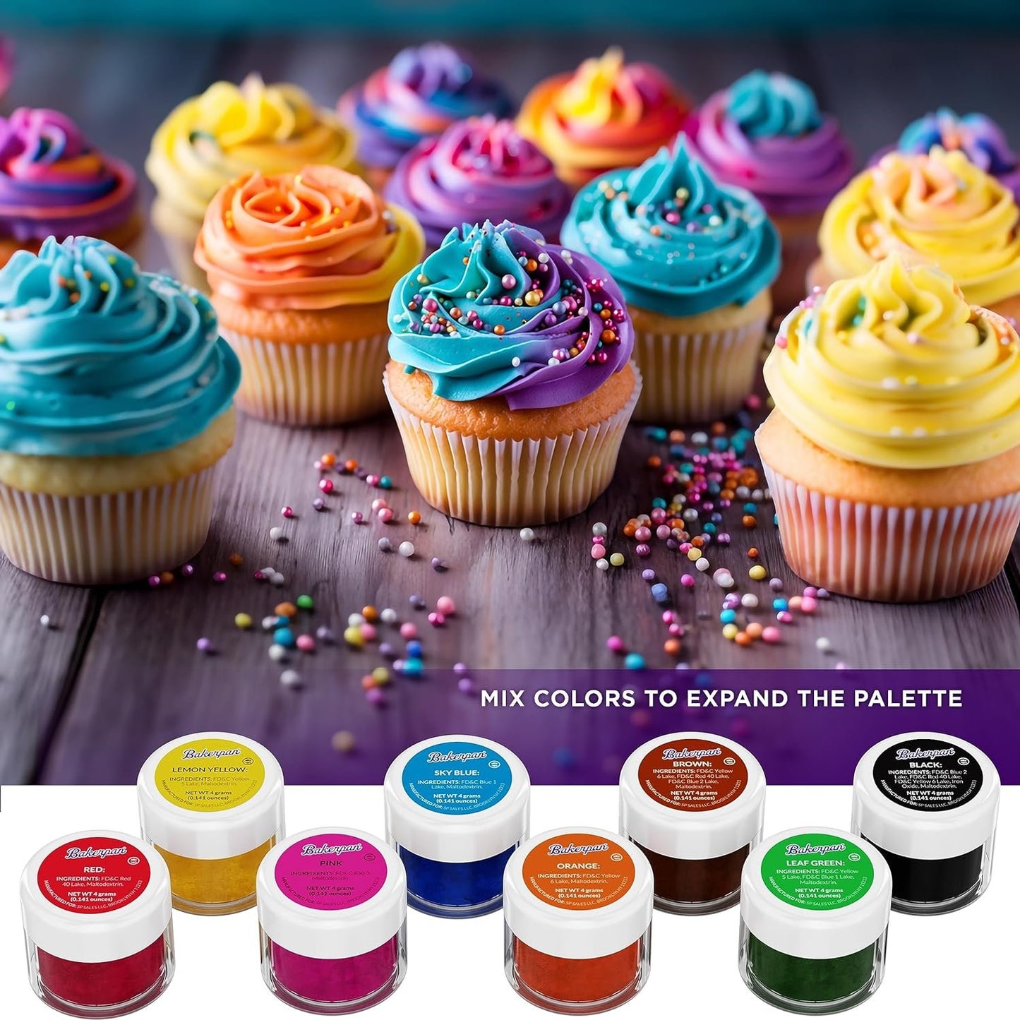 Bakerpan Food Coloring Powder for Baking, Cake Decorating Color Dust, 4g Jars